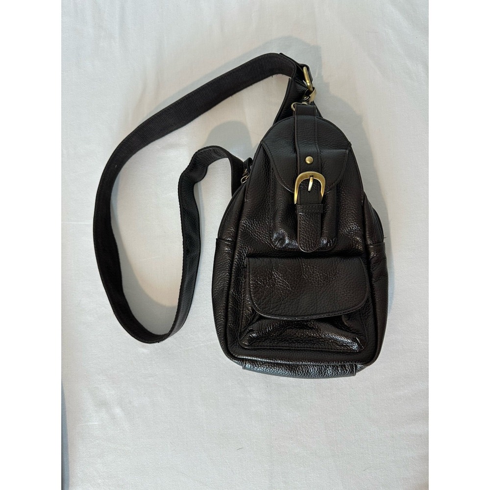 Black Leather Messenger Sling Bag with Gold Buckle - Picture 8 of 8